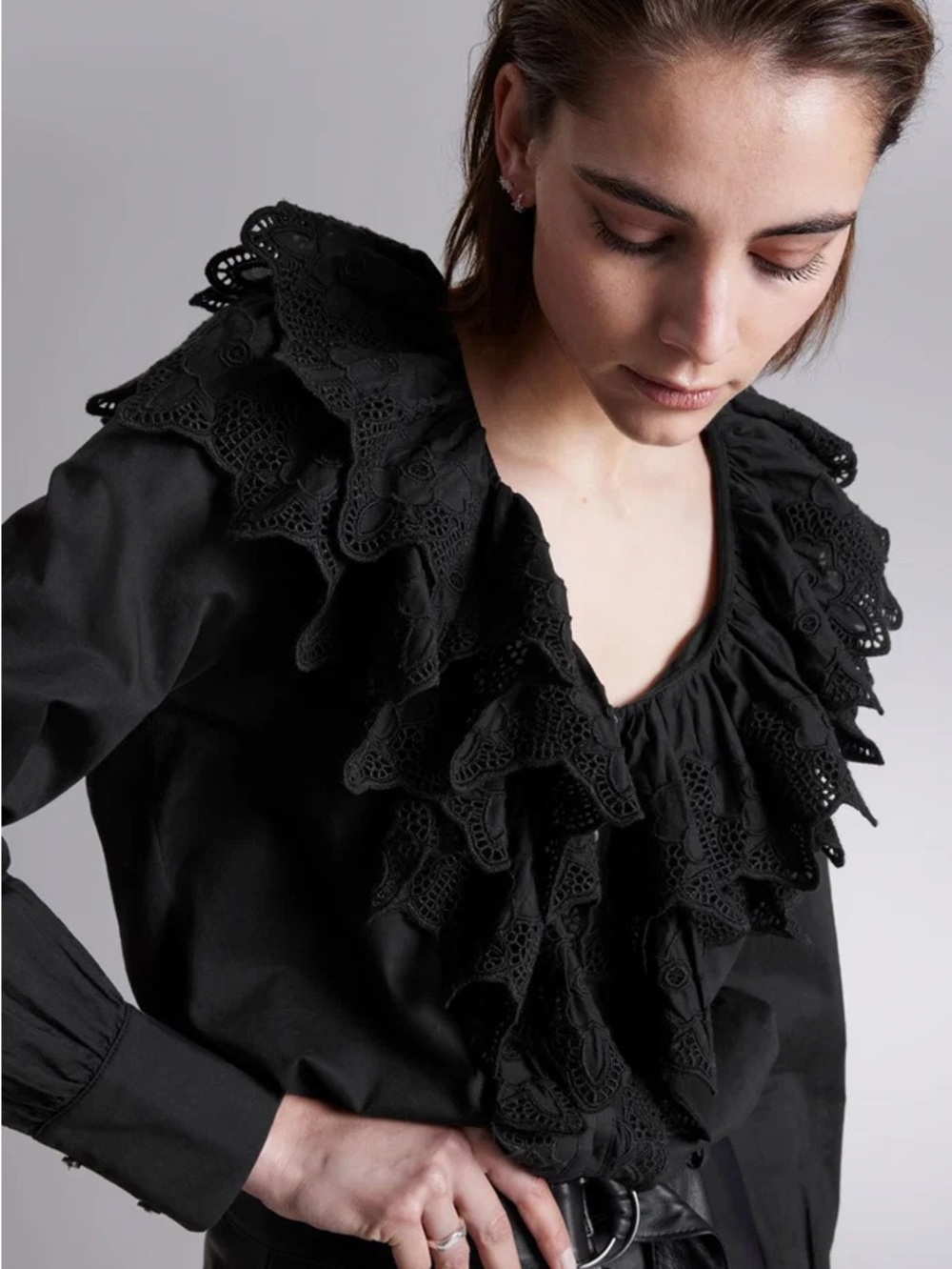 & Other Stories - Black Lace-Trim Ruffle V-Neck Blouse - Size XS